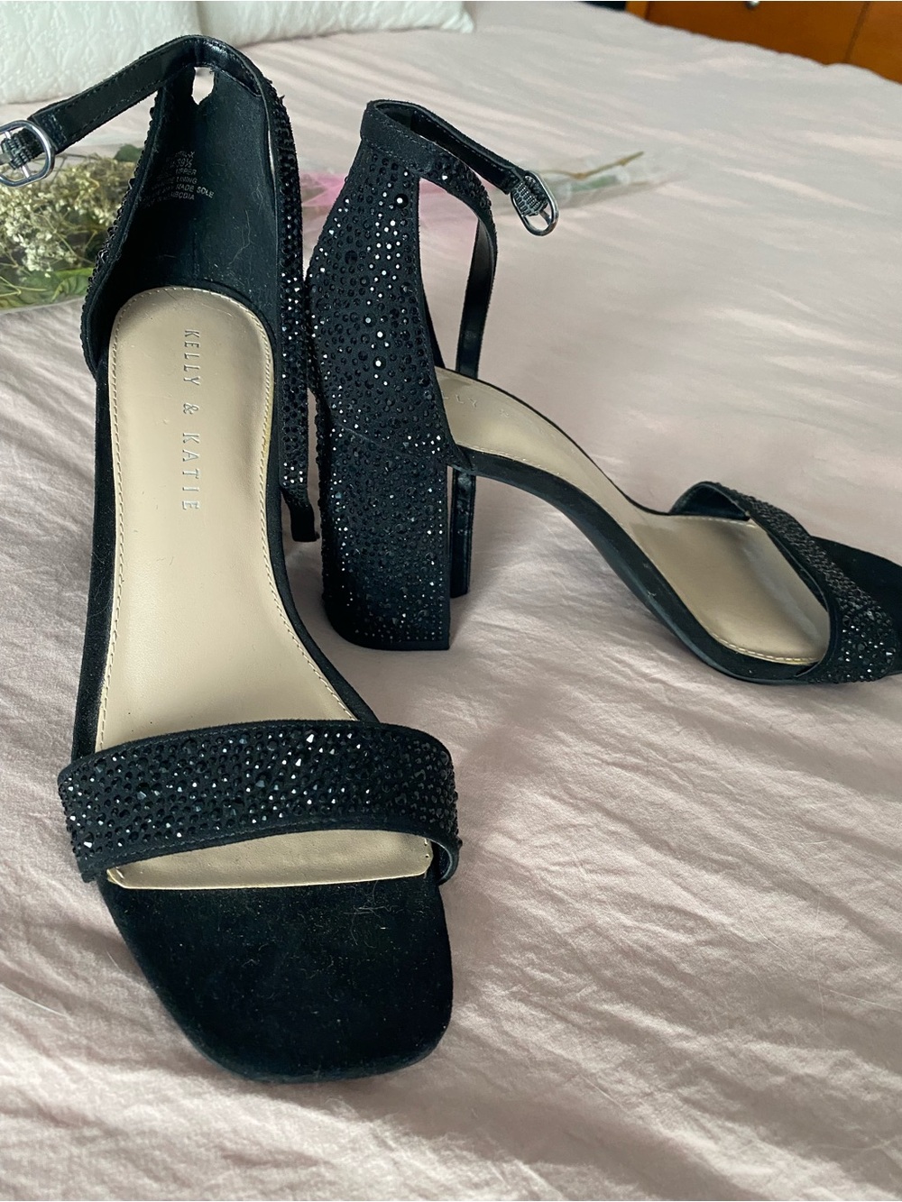 Kelly & Katie Black Crystal-Embellished Block Heel Sandals
